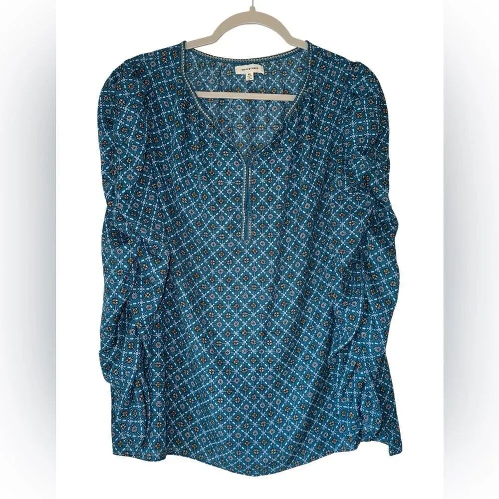 Max Studio Women’s Long Sleeve Blue Patterned Blouse Size XL